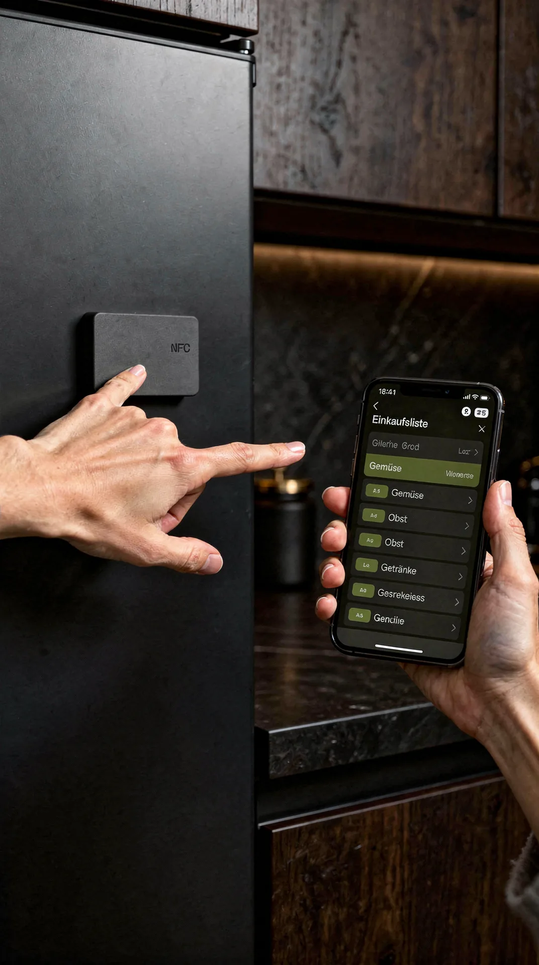 Ein NFC-Tag klebt an einer schwarzen Kühlschranktür, eine Hand tippt ihn an, in der anderen Hand zeigt das Telefon die Einkaufsliste.